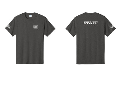 NYC Factory Custom Logo Staff T-Shirt, Rustic Lettering - Your Logo + Back + US Flag Sleeve - Dark Heather Grey