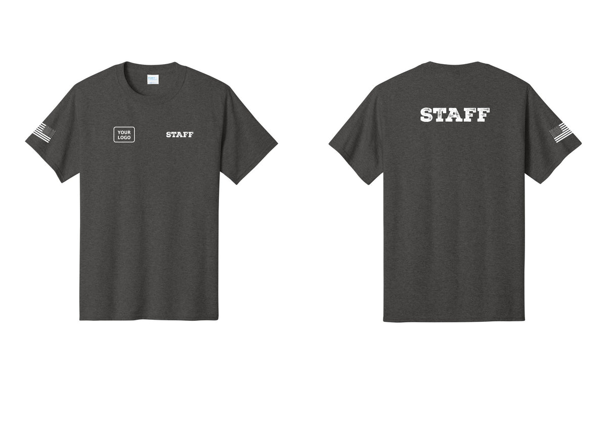 NYC Factory Custom Logo Staff T-Shirt, Rustic Lettering - STAFF + Your Logo + Back + US Flag Sleeve - Dark Heather Grey