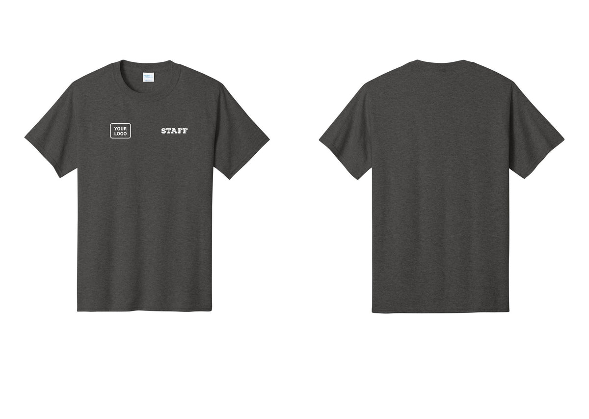 NYC Factory Custom Logo Staff T-Shirt, Rustic Lettering - STAFF + Your Logo - Dark Heather Grey