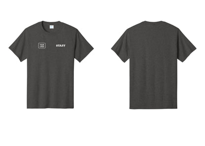 NYC Factory Custom Logo Staff T-Shirt, Rustic Lettering - STAFF + Your Logo - Dark Heather Grey