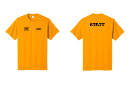 NYC Factory Custom Logo Staff T-Shirt, Rustic Lettering - STAFF + Your Logo + Back - Gold