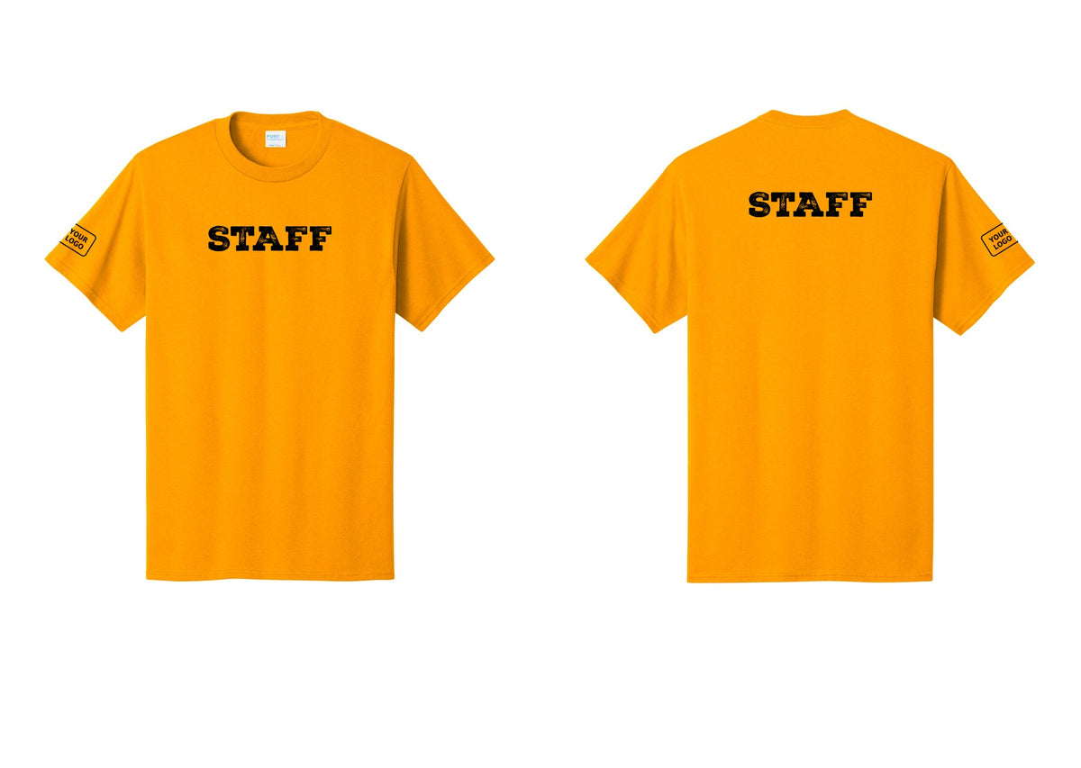NYC Factory Custom Logo Staff T-Shirt, Rustic Lettering - Front + Back + Your Logo Sleeve - Gold