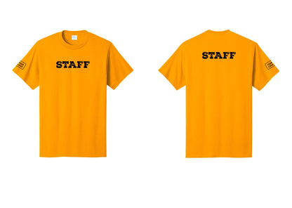 NYC Factory Custom Logo Staff T-Shirt, Rustic Lettering - Front + Back + Your Logo Sleeve - Gold