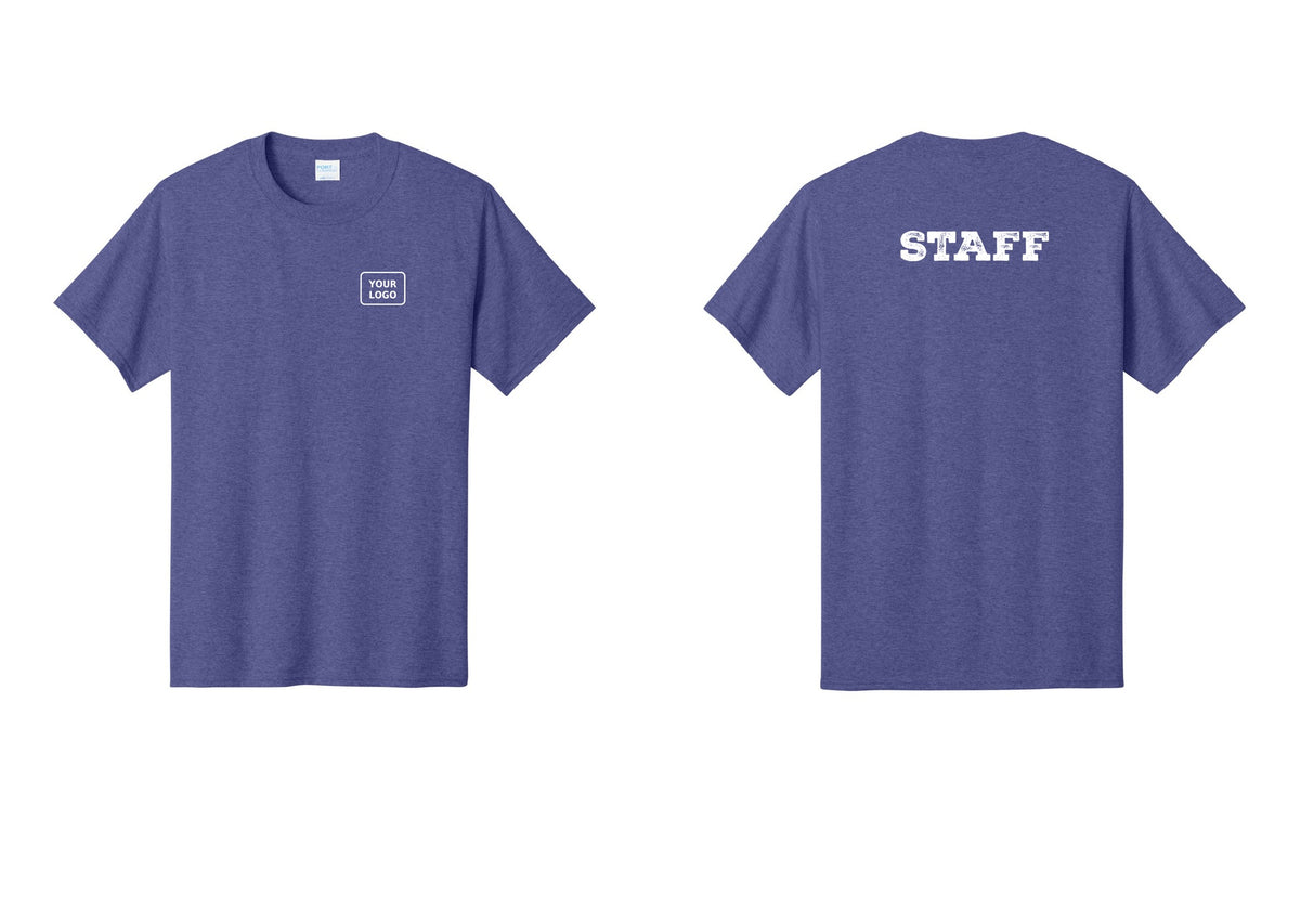 NYC Factory Custom Logo Staff T-Shirt, Rustic Lettering - Your Logo + Back - Heather Purple