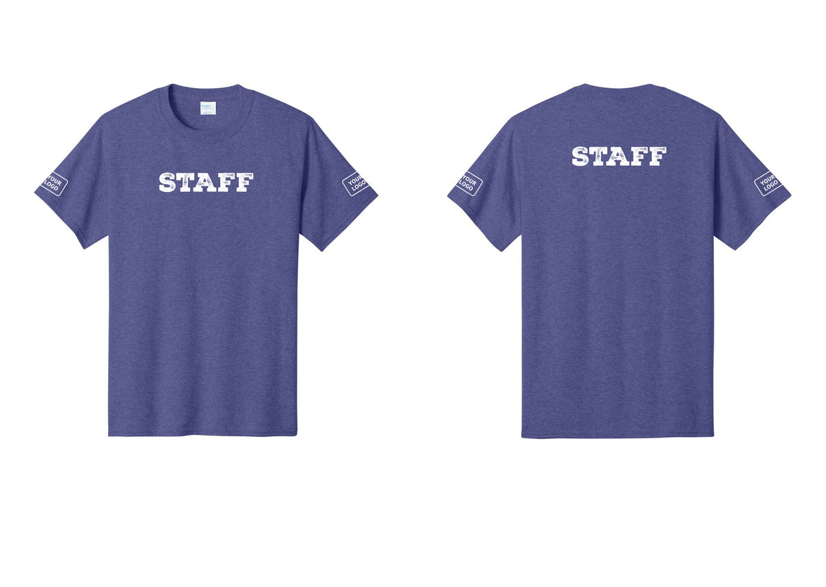 NYC Factory Custom Logo Staff T-Shirt, Rustic Lettering - Front + Back + Your Logo Sleeves - Heather Purple