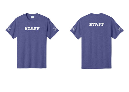 NYC Factory Custom Logo Staff T-Shirt, Rustic Lettering - Front + Back + Your Logo Sleeves - Heather Purple