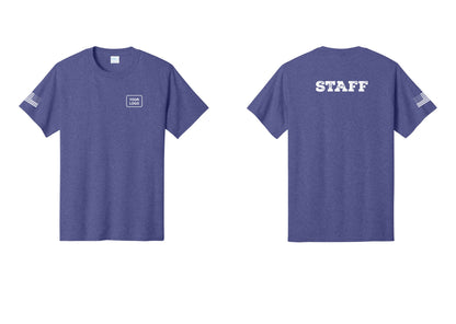 NYC Factory Custom Logo Staff T-Shirt, Rustic Lettering - Your Logo + Back + US Flag Sleeve - Heather Purple