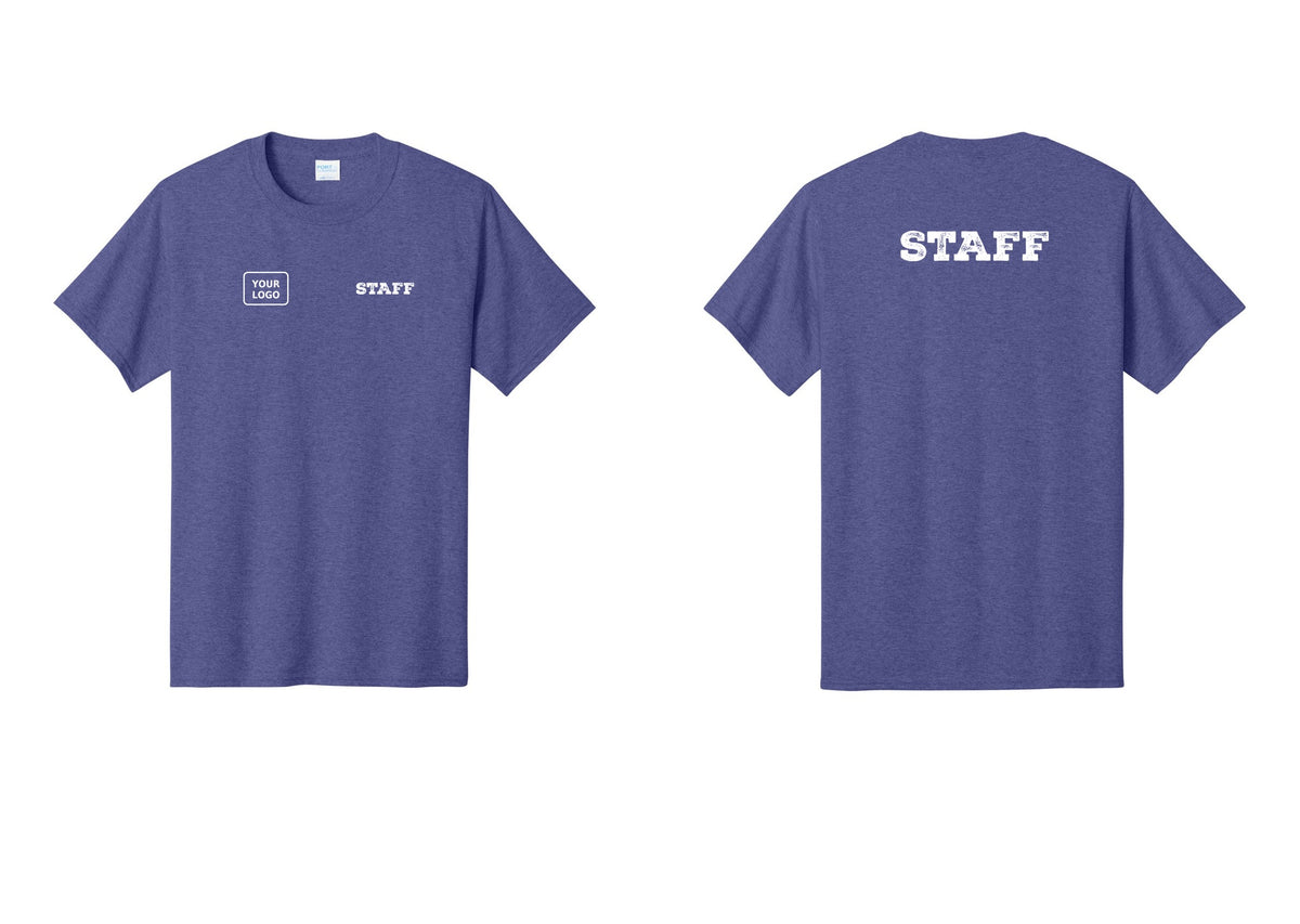 NYC Factory Custom Logo Staff T-Shirt, Rustic Lettering - STAFF + Your Logo + Back - Heather Purple