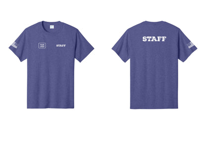 NYC Factory Custom Logo Staff T-Shirt, Rustic Lettering - STAFF + Your Logo + Back + US Flag Sleeve - Heather Purple