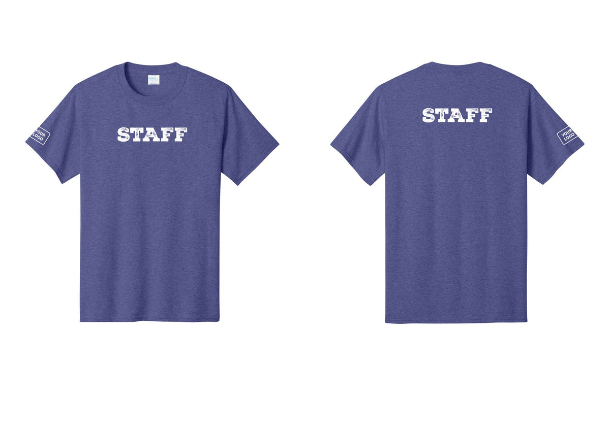 NYC Factory Custom Logo Staff T-Shirt, Rustic Lettering - Front + Back + Your Logo Sleeve - Heather Purple