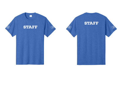 NYC Factory Custom Logo Staff T-Shirt, Rustic Lettering - Front + Back + Your Logo Sleeves - Heather Royal