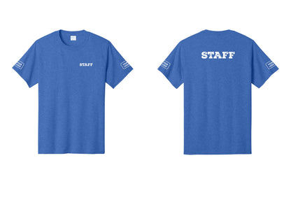 NYC Factory Custom Logo Staff T-Shirt, Rustic Lettering - Chest + Back + Your Logo Sleeves - Heather Royal