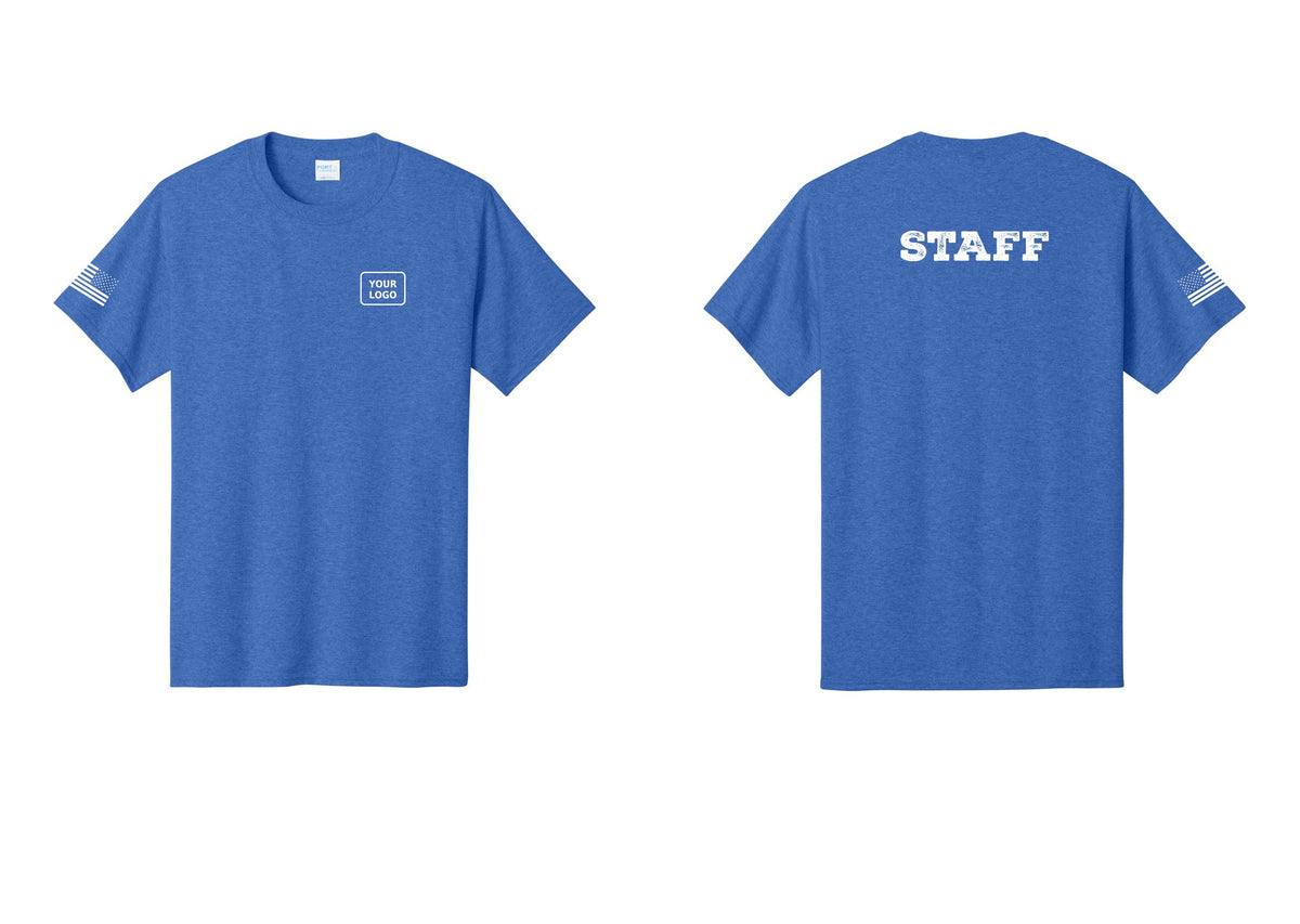 NYC Factory Custom Logo Staff T-Shirt, Rustic Lettering - Your Logo + Back + US Flag Sleeve - Heather Royal