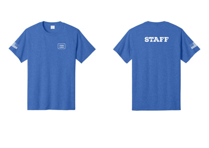 NYC Factory Custom Logo Staff T-Shirt, Rustic Lettering - Your Logo + Back + US Flag Sleeve - Heather Royal