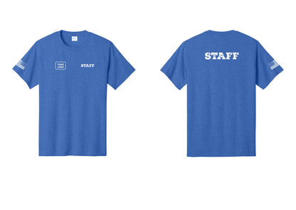 NYC Factory Custom Logo Staff T-Shirt, Rustic Lettering - STAFF + Your Logo + Back + US Flag Sleeve - Heather Royal
