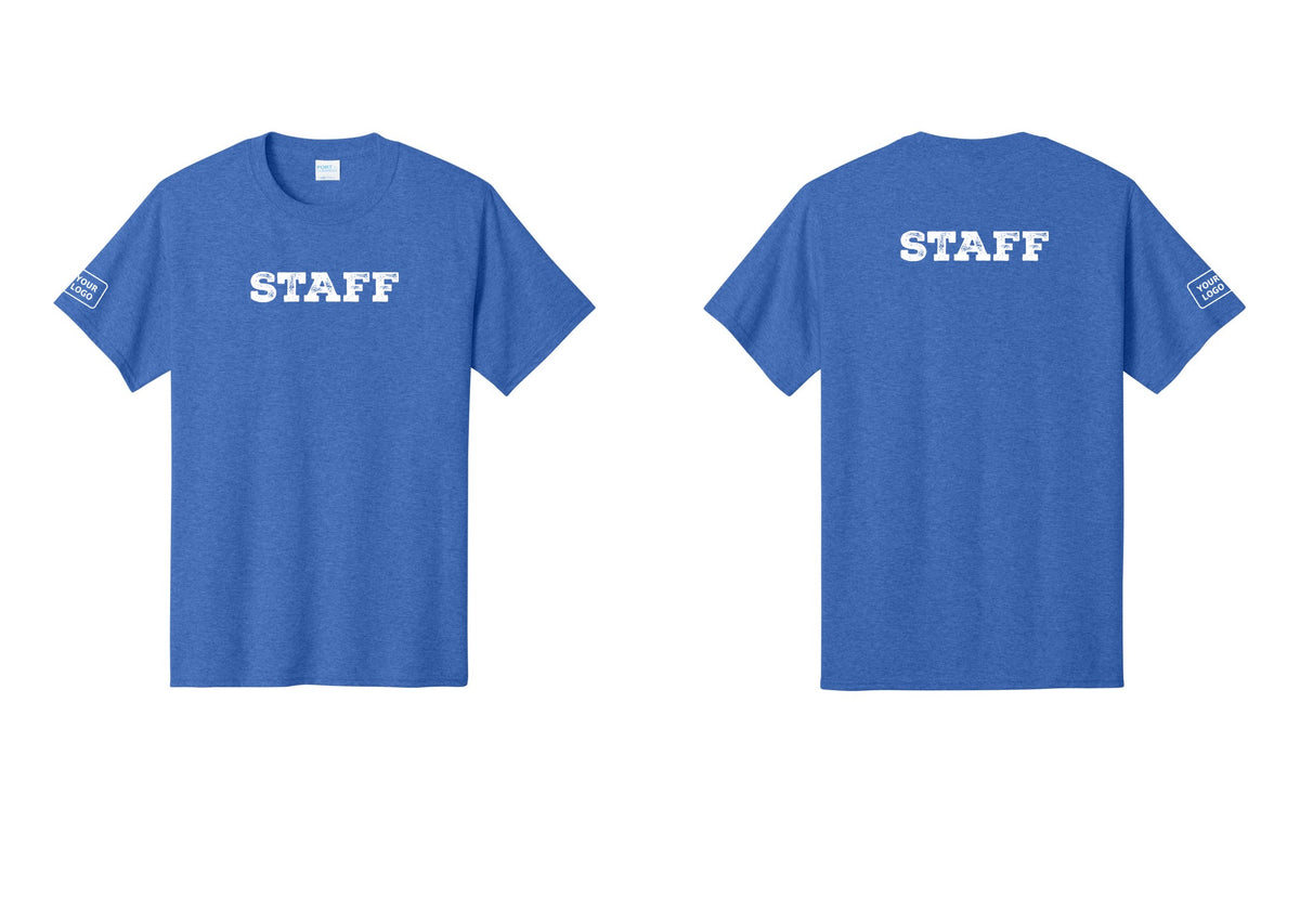 NYC Factory Custom Logo Staff T-Shirt, Rustic Lettering - Front + Back + Your Logo Sleeve - Heather Royal