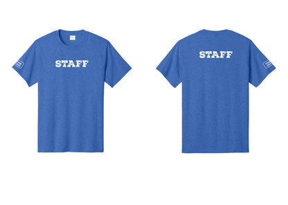 NYC Factory Custom Logo Staff T-Shirt, Rustic Lettering - Front + Back + Your Logo Sleeve - Heather Royal