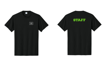 NYC Factory Custom Logo Staff T-Shirt, Rustic Lettering - Your Logo + Back - Black / Neon