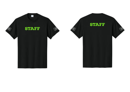 NYC Factory Custom Logo Staff T-Shirt, Rustic Lettering - Front + Back + Your Logo Sleeves - Black / Neon