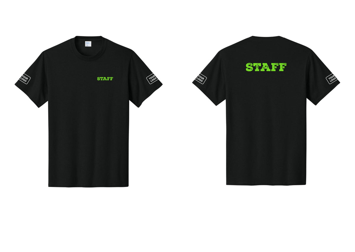 NYC Factory Custom Logo Staff T-Shirt, Rustic Lettering - Chest + Back + Your Logo Sleeves - Black / Neon