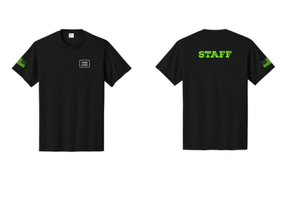 NYC Factory Custom Logo Staff T-Shirt, Rustic Lettering - Your Logo + Back + US Flag Sleeve - Black / Neon