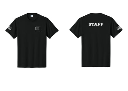 NYC Factory Custom Logo Staff T-Shirt, Rustic Lettering - Your Logo + Back + US Flag Sleeve - Black