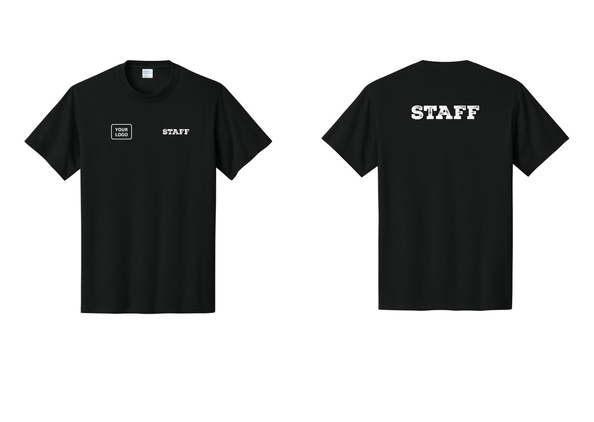 NYC Factory Custom Logo Staff T-Shirt, Rustic Lettering - STAFF + Your Logo + Back - Black