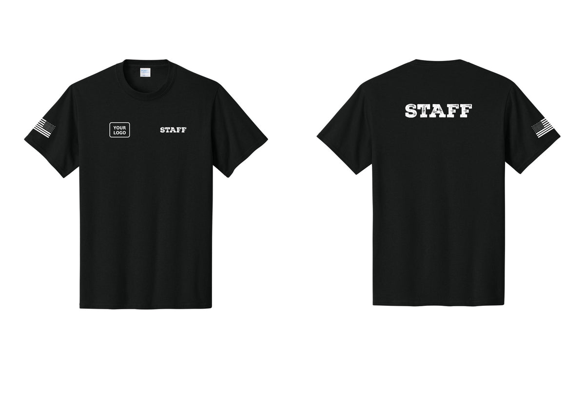 NYC Factory Custom Logo Staff T-Shirt, Rustic Lettering - STAFF + Your Logo + Back + US Flag Sleeve - Black