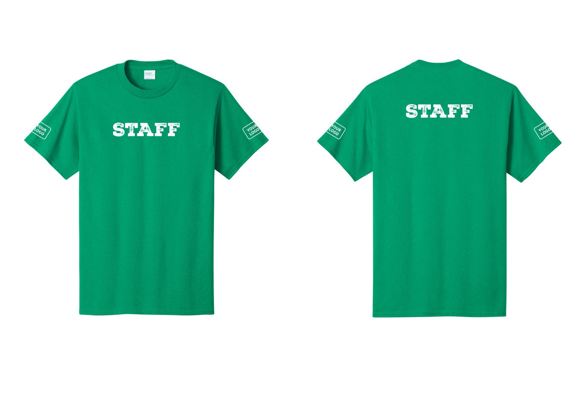 NYC Factory Custom Logo Staff T-Shirt, Rustic Lettering - Front + Back + Your Logo Sleeves - Kelly