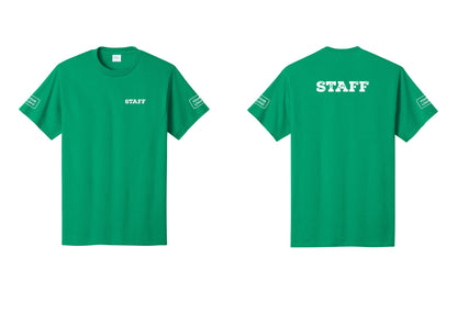 NYC Factory Custom Logo Staff T-Shirt, Rustic Lettering - Chest + Back + Your Logo Sleeves - Kelly
