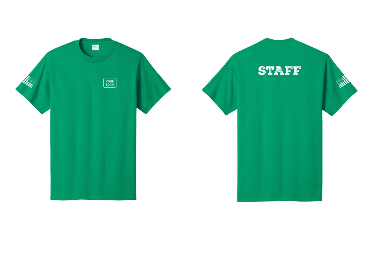 NYC Factory Custom Logo Staff T-Shirt, Rustic Lettering - Your Logo + Back + US Flag Sleeve - Kelly