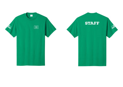 NYC Factory Custom Logo Staff T-Shirt, Rustic Lettering - Your Logo + Back + US Flag Sleeve - Kelly
