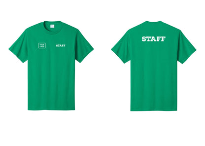 NYC Factory Custom Logo Staff T-Shirt, Rustic Lettering - STAFF + Your Logo + Back - Kelly