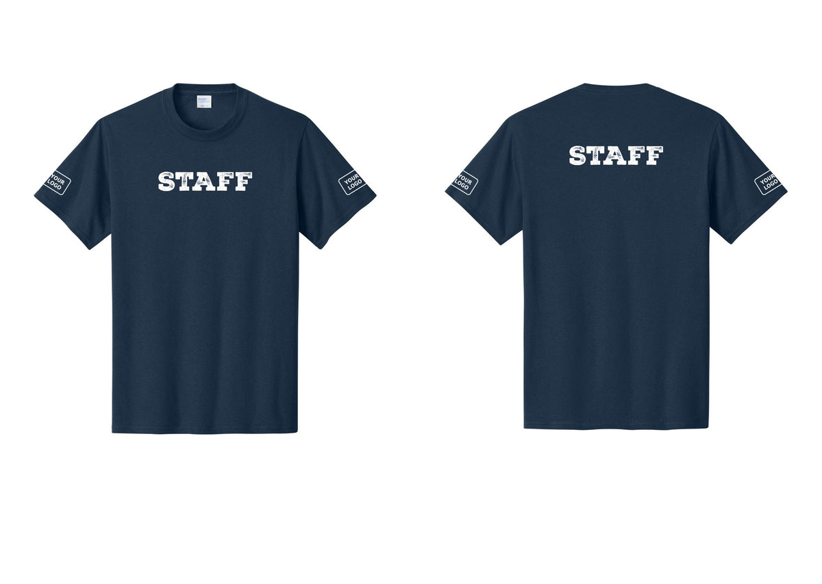 NYC Factory Custom Logo Staff T-Shirt, Rustic Lettering - Front + Back + Your Logo Sleeves - Navy