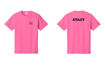 NYC Factory Custom Logo Staff T-Shirt, Rustic Lettering - Your Logo + Back - Neon Pink