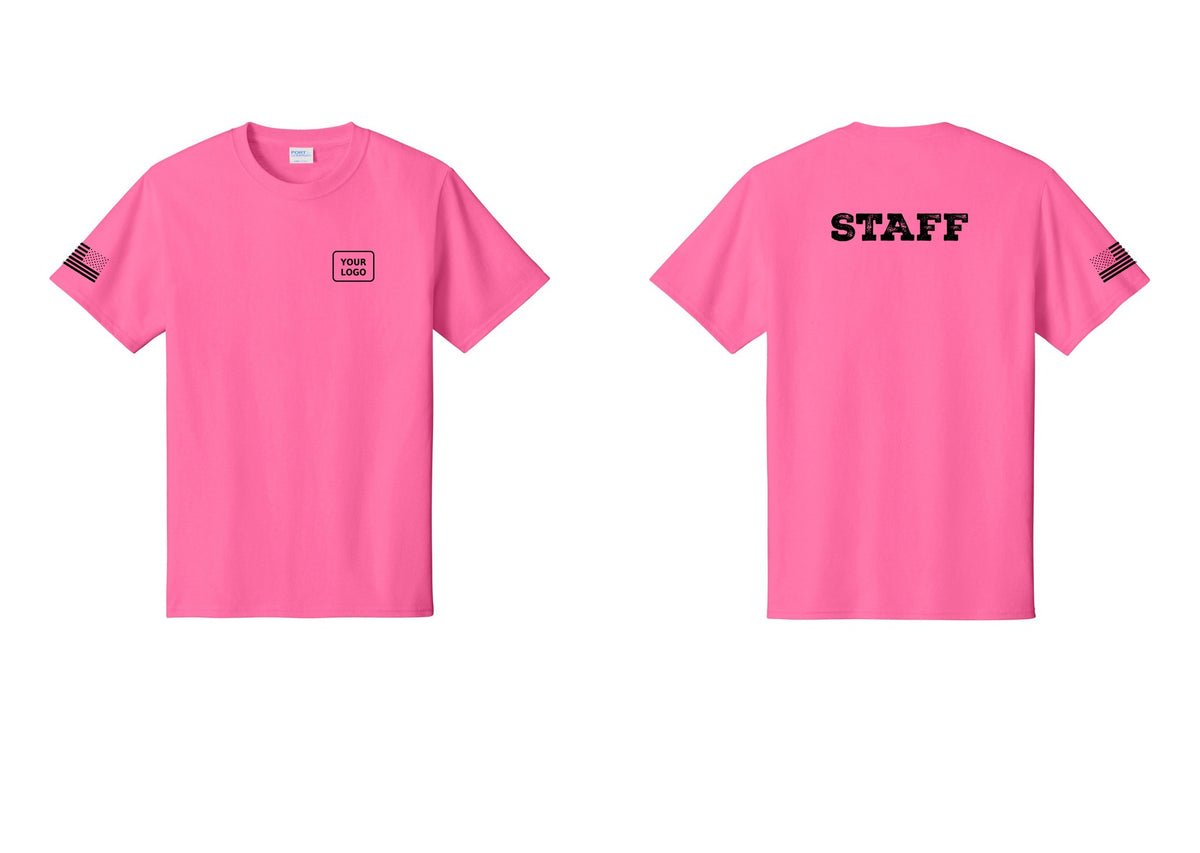 NYC Factory Custom Logo Staff T-Shirt, Rustic Lettering - Your Logo + Back + US Flag Sleeve - Neon Pink