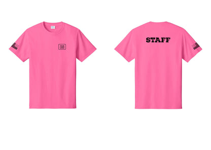NYC Factory Custom Logo Staff T-Shirt, Rustic Lettering - Your Logo + Back + US Flag Sleeve - Neon Pink