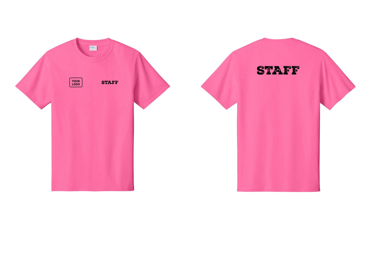 NYC Factory Custom Logo Staff T-Shirt, Rustic Lettering - STAFF + Your Logo + Back - Neon Pink
