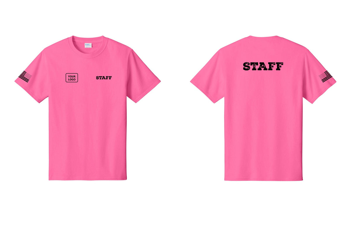 NYC Factory Custom Logo Staff T-Shirt, Rustic Lettering - STAFF + Your Logo + Back + US Flag Sleeve - Neon Pink
