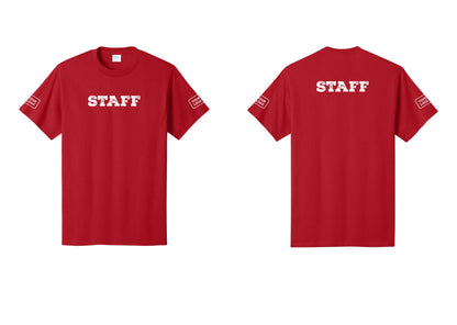 NYC Factory Custom Logo Staff T-Shirt, Rustic Lettering - Front + Back + Your Logo Sleeves - Red