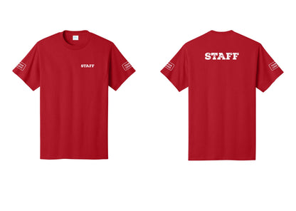 NYC Factory Custom Logo Staff T-Shirt, Rustic Lettering - Chest + Back + Your Logo Sleeves - Red