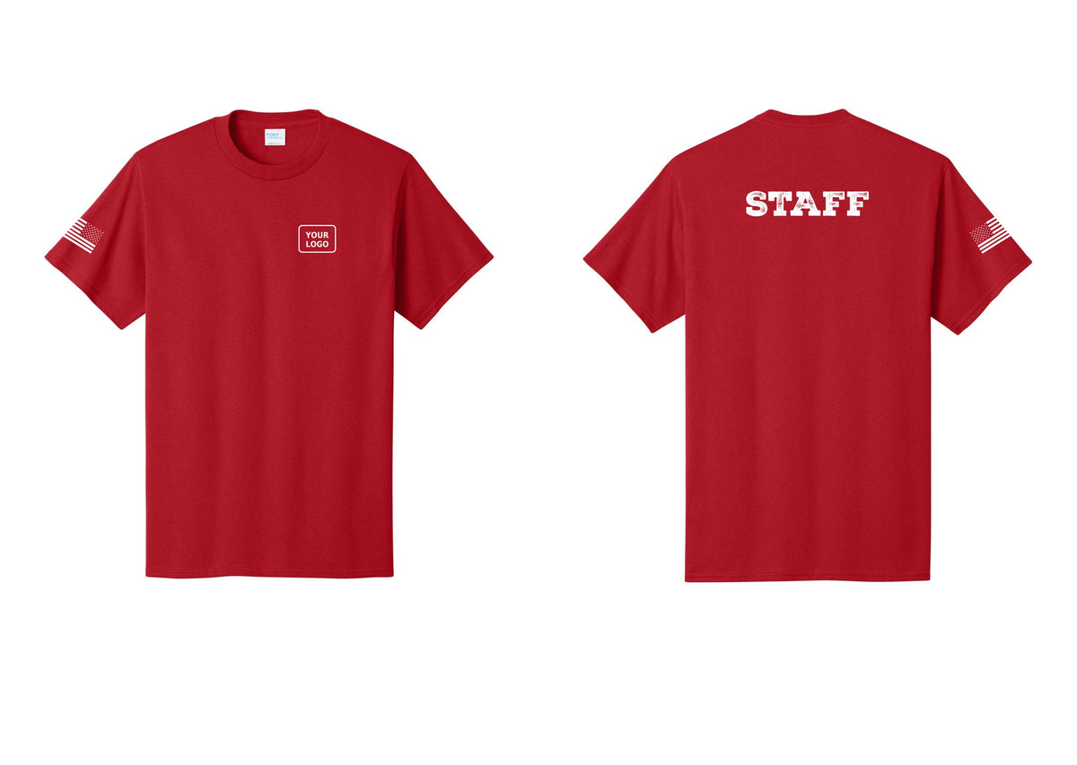 NYC Factory Custom Logo Staff T-Shirt, Rustic Lettering - Your Logo + Back + US Flag Sleeve - Red