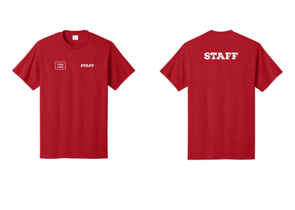 NYC Factory Custom Logo Staff T-Shirt, Rustic Lettering - STAFF + Your Logo + Back - Red
