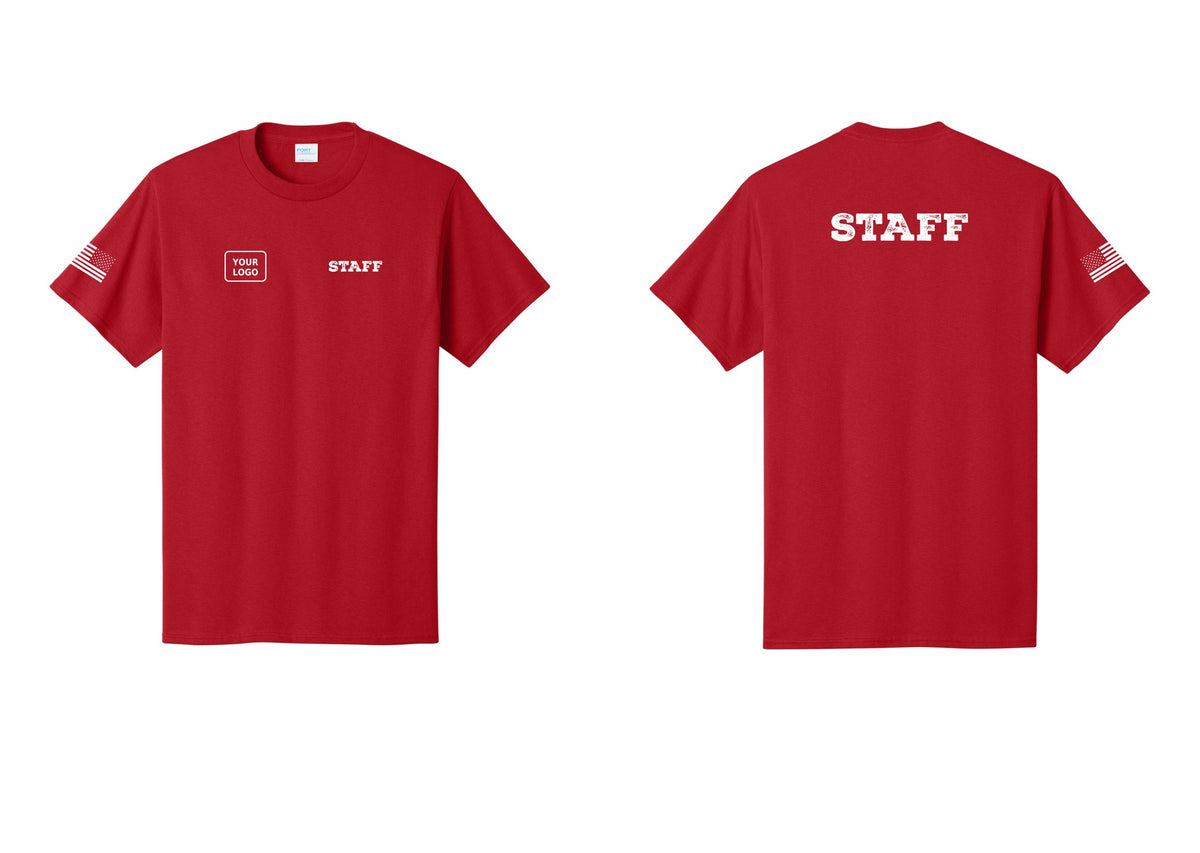 NYC Factory Custom Logo Staff T-Shirt, Rustic Lettering - STAFF + Your Logo + Back + US Flag Sleeve - Red