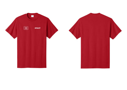 NYC Factory Custom Logo Staff T-Shirt, Rustic Lettering - STAFF + Your Logo - Red
