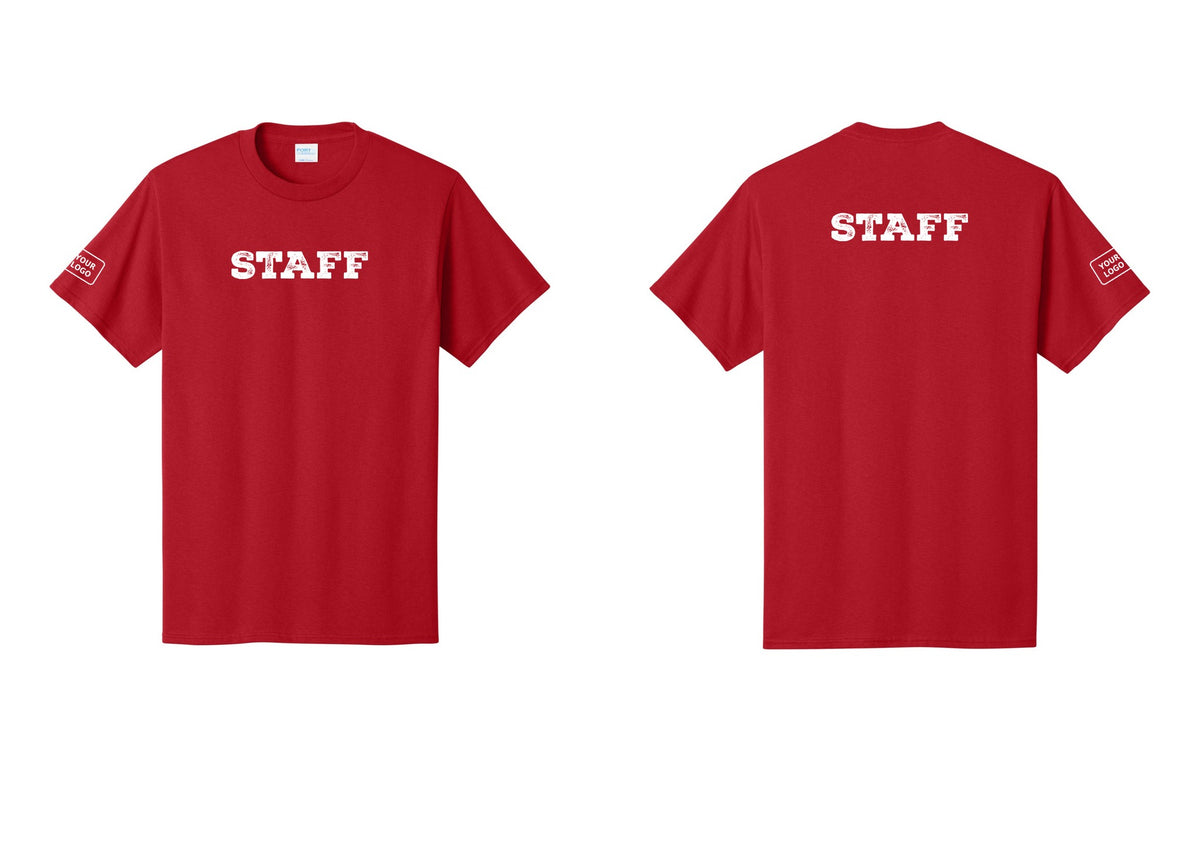 NYC Factory Custom Logo Staff T-Shirt, Rustic Lettering - Front + Back + Your Logo Sleeve - Red