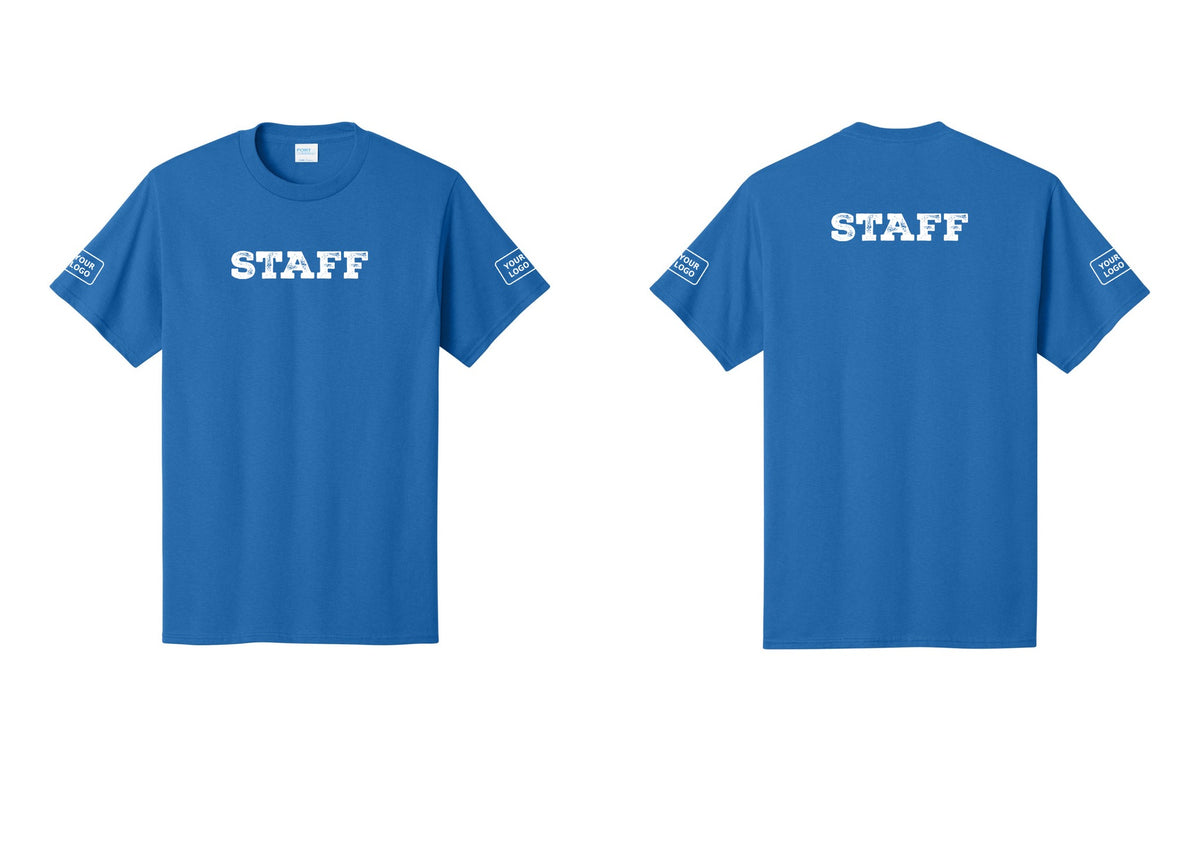 NYC Factory Custom Logo Staff T-Shirt, Rustic Lettering - Front + Back + Your Logo Sleeves - Royal
