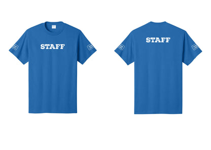 NYC Factory Custom Logo Staff T-Shirt, Rustic Lettering - Front + Back + Your Logo Sleeves - Royal