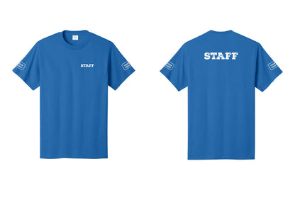 NYC Factory Custom Logo Staff T-Shirt, Rustic Lettering - Chest + Back + Your Logo Sleeves - Royal