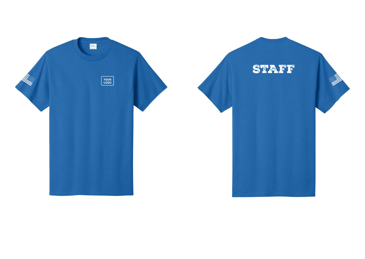 NYC Factory Custom Logo Staff T-Shirt, Rustic Lettering - Your Logo + Back + US Flag Sleeve - Royal